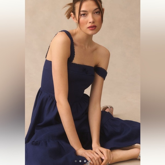 Reformation Rowen Linen Navy Blue Midi Dress - Picture 3 of 10